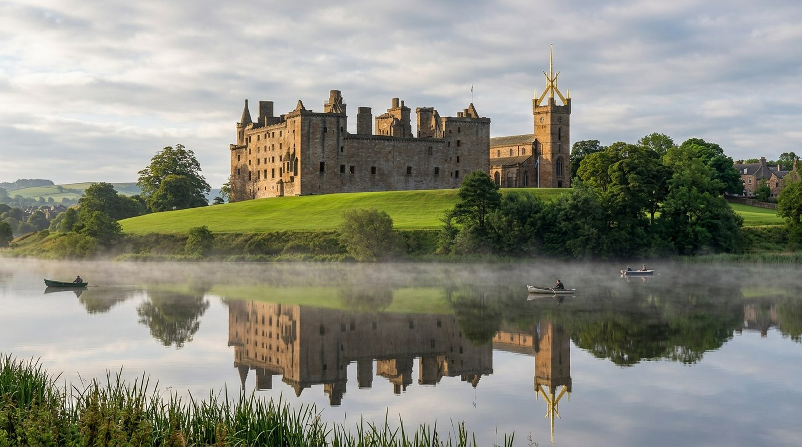 Linlithgow Palace and St Michael's church together on grass hill above Loch